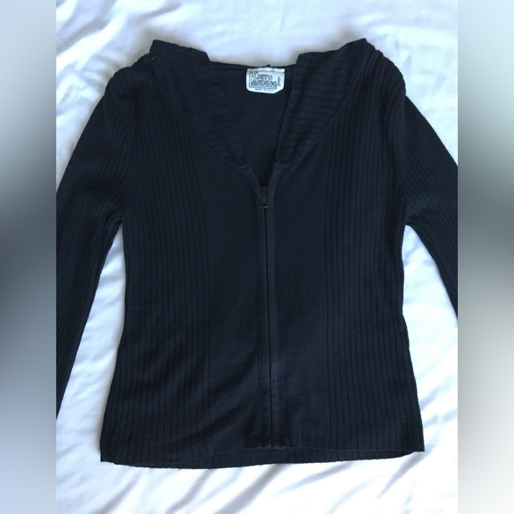 Y2k Knits Landing black lightweight ribbed long sleeved top w oversized hood.